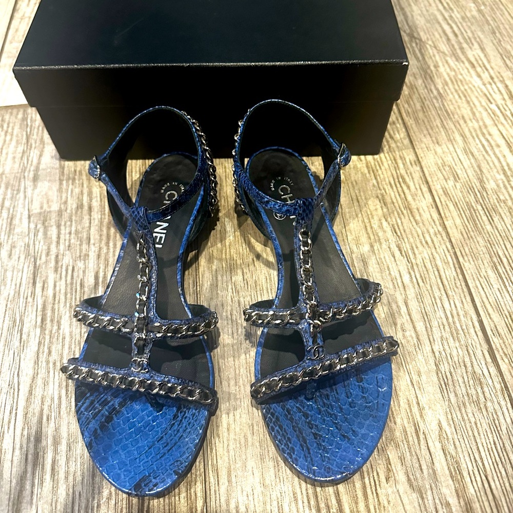 CHANEL- Python Blue, silver, and black thong fancy sandal